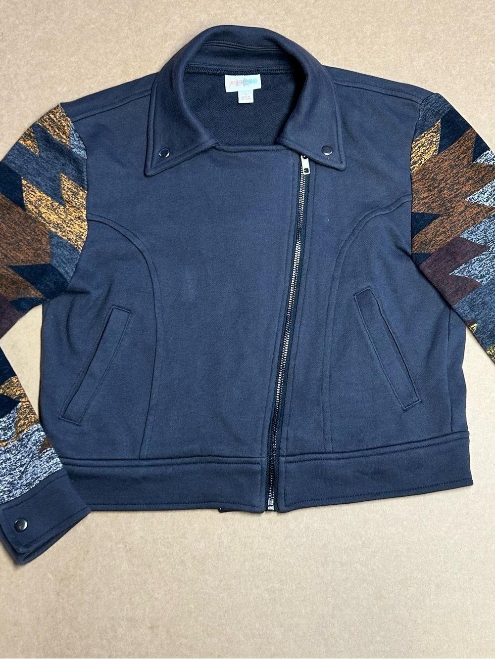 LuLaRoe Aztec Moto Jacket with Multicolor Patterned Sleeves Size Small EUC